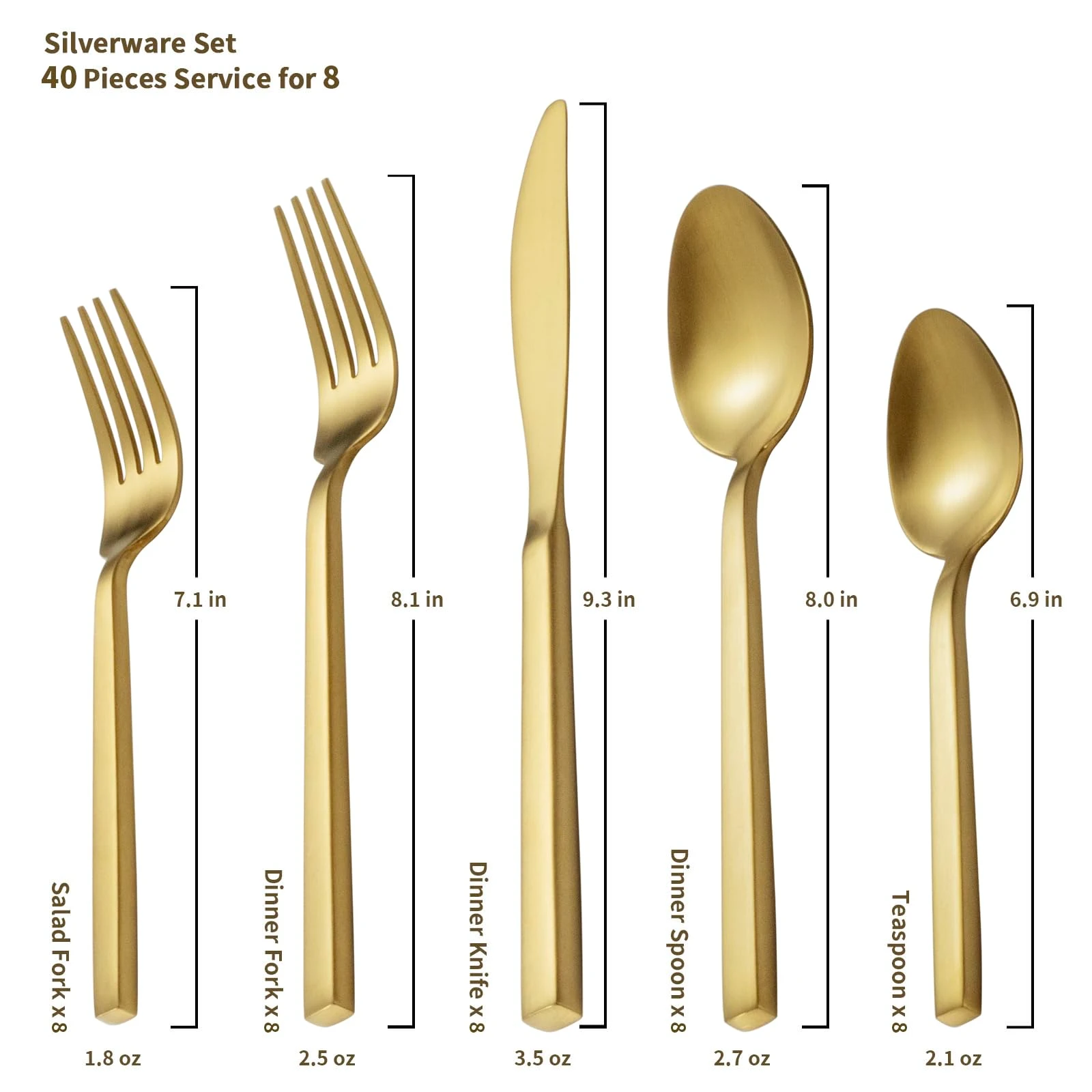 Alata Cube Matte Gold 40-Piece Flatware Set, Forged Cutlery Set, Service for 8