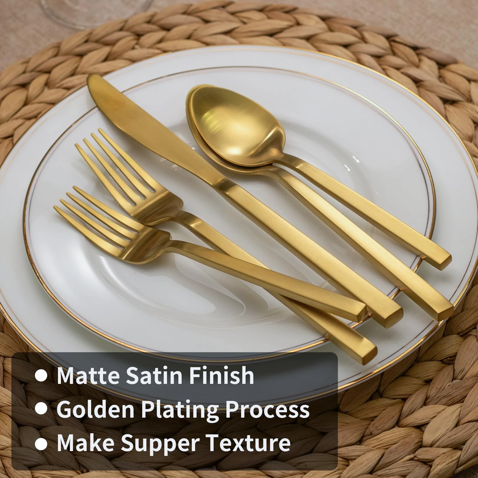 Alata Cube Matte Gold 40-Piece Flatware Set, Forged Cutlery Set, Service for 8