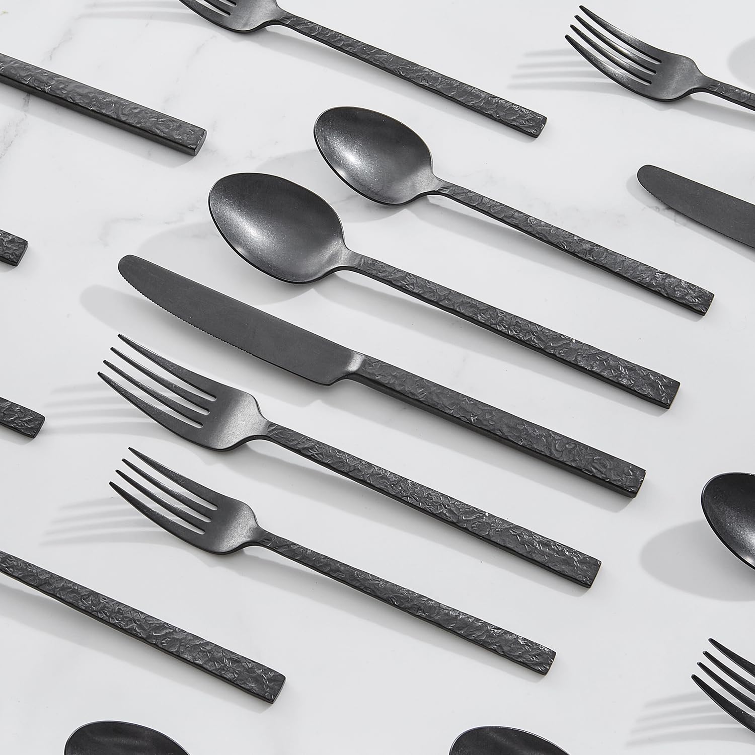 INGSTONE 60 Pcs Black Hammered Silverware Set for 12, 18/10 Stainless