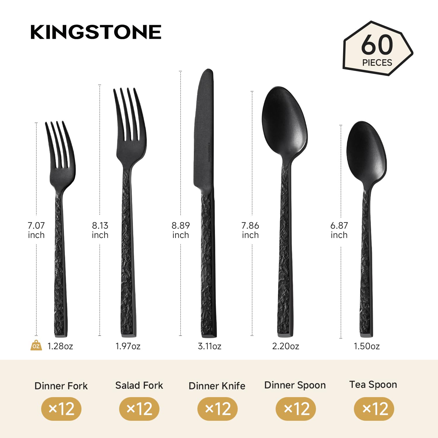 INGSTONE 60 Pcs Black Hammered Silverware Set for 12, 18/10 Stainless