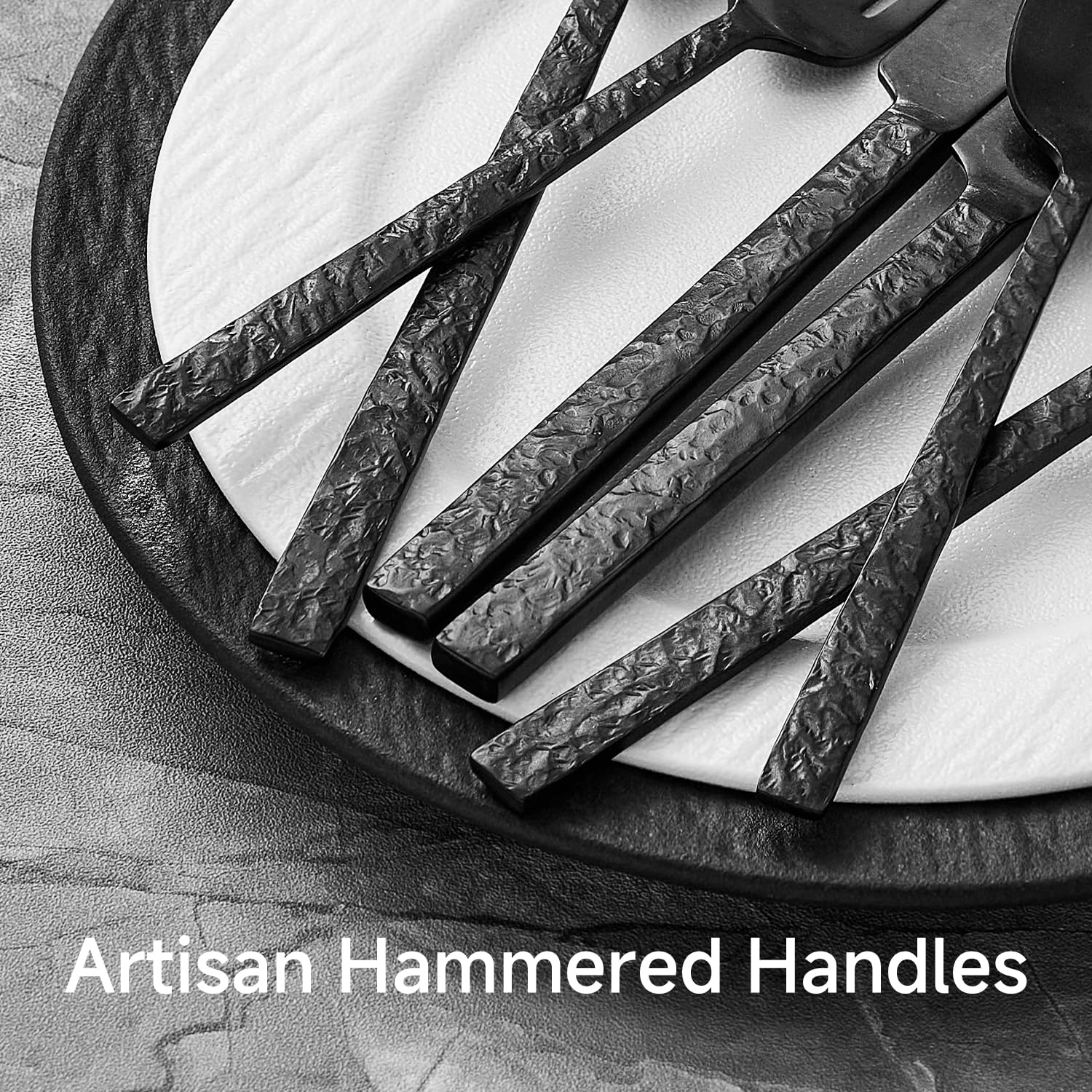 INGSTONE 60 Pcs Black Hammered Silverware Set for 12, 18/10 Stainless