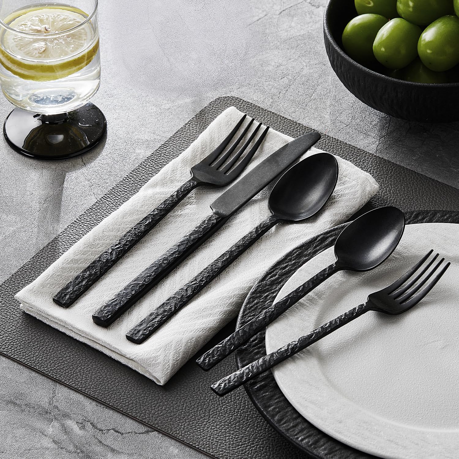 INGSTONE 60 Pcs Black Hammered Silverware Set for 12, 18/10 Stainless