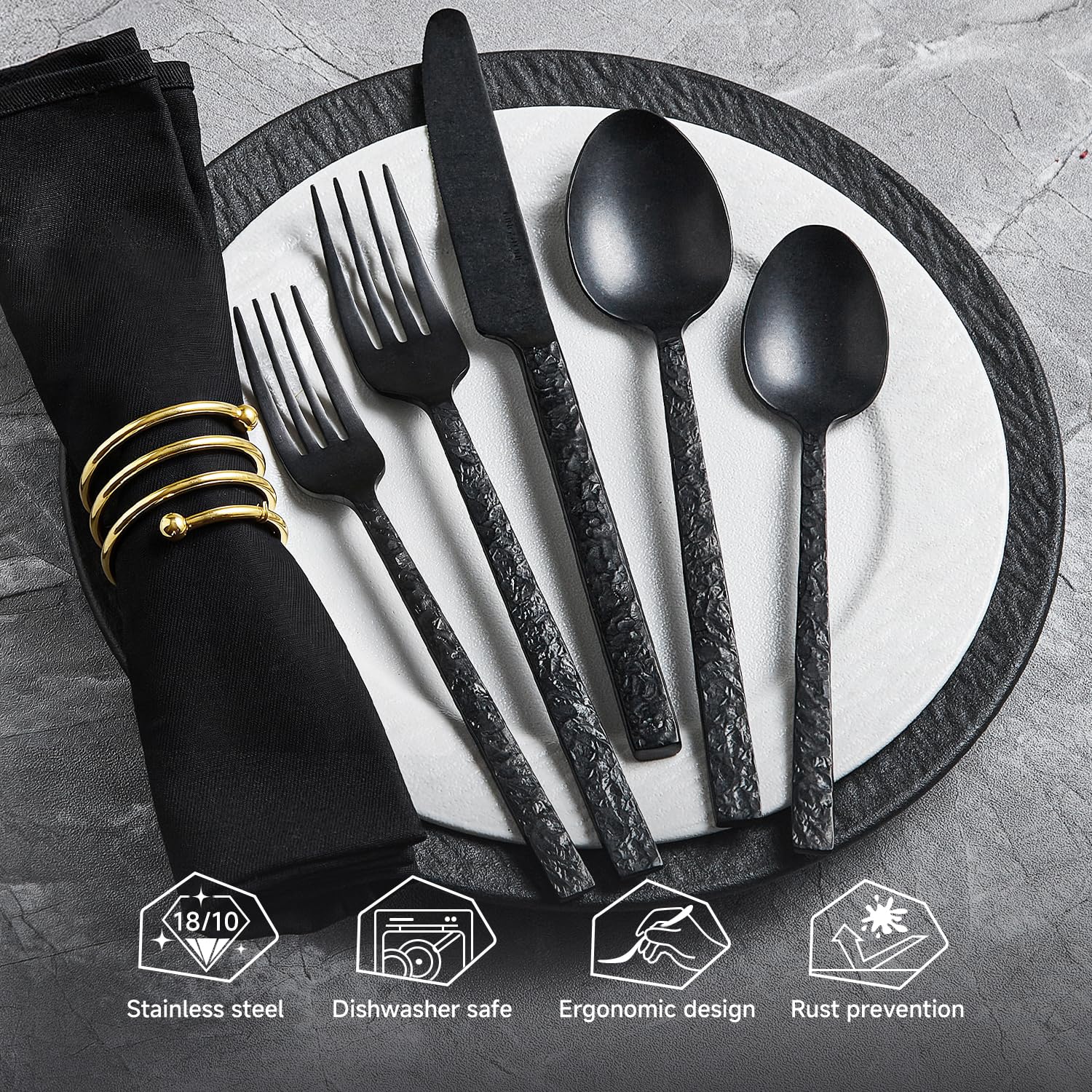 INGSTONE 60 Pcs Black Hammered Silverware Set for 12, 18/10 Stainless